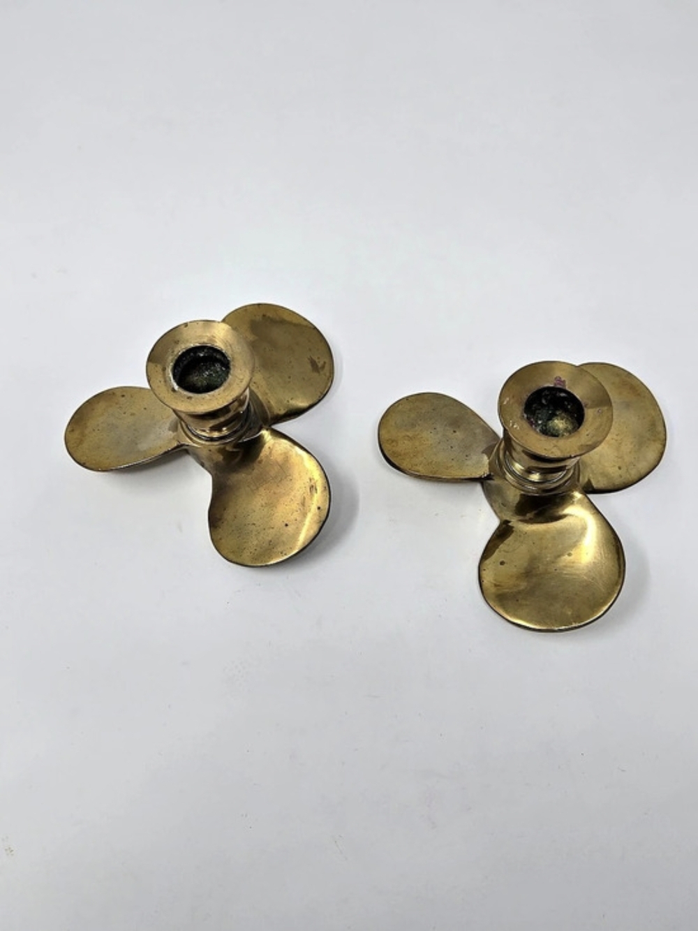 Vintage Solid Brass Propeller Candle Holders - Set Of Two